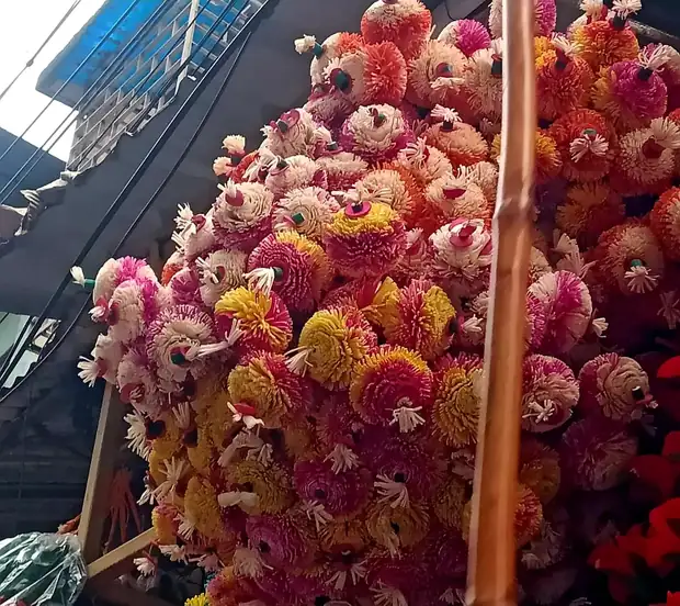 Marigold and chrysanthemum garlands for the idol